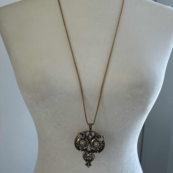 Betsey Johnson Antique-Gold Pavé Filigree Articulated Owl Pendant Necklace – OS - Picture 6 of 6